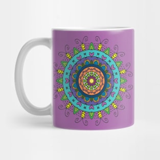 Colorful Mandala with Hearts and Bugs on Purple Mug